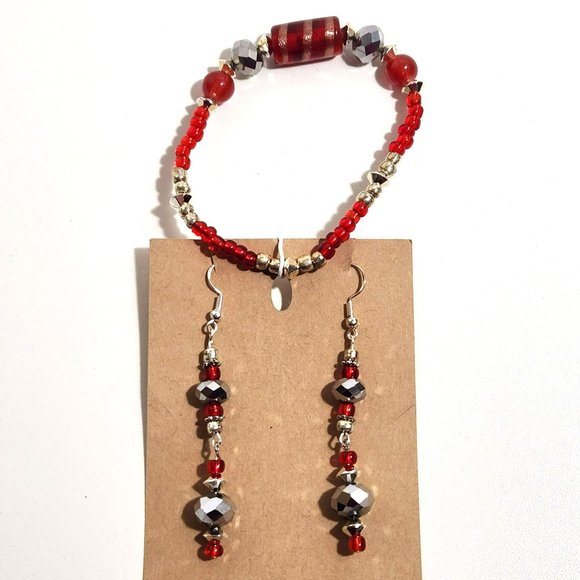 Red Silver Bracelet Earrings Set - Picture 5 of 6